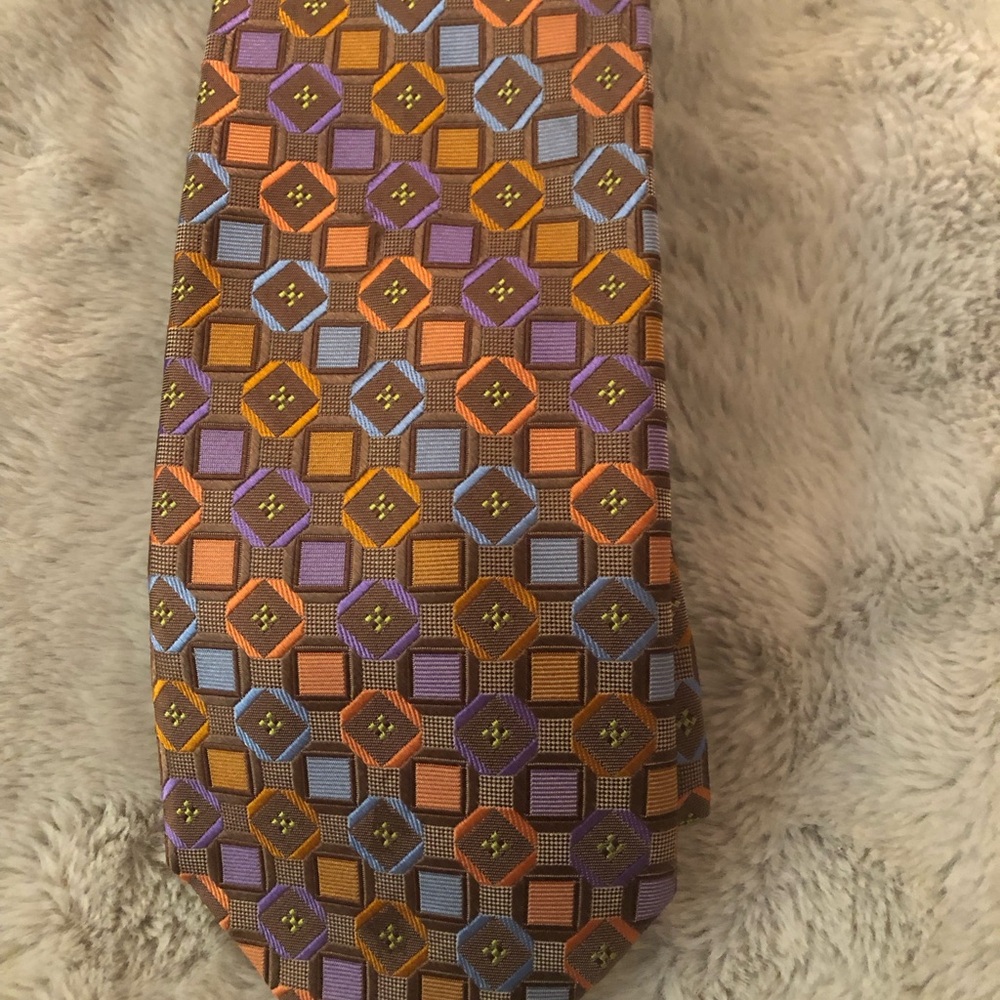 Piattelli Brown Silk Tie with Orange, Purple & Light Blue Geometric Pattern